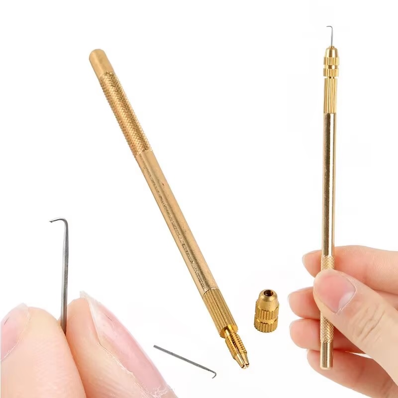 Professional Lace Wig Making Set: 4 German Ventilating Needles + Brass Holder - Product Image