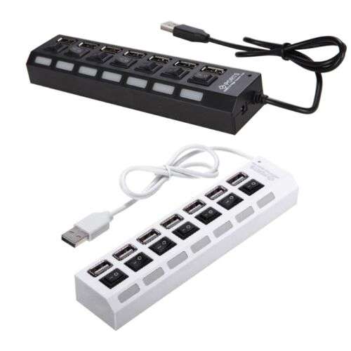7-Port USB 2.0 Hub with LED Lights and Individual Switches for Expanding Desktop Connectivity