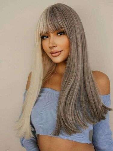 Two-Tone Straight Synthetic Wig with Bangs - Half Gray, Half Blonde - Heat Safe for Everyday Style