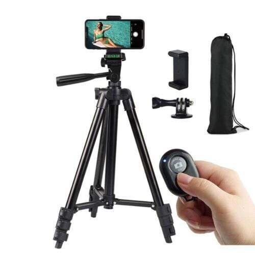 Versatile Selfie Stick Tripod for Phones, Live Streaming, Sports Cameras, and More with Bluetooth Remote.