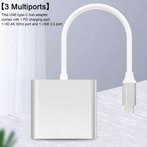 3-in-1 USB-C Hub with 4K HDMI Output, PD Charging, and Audio for Laptop and Smartphone.