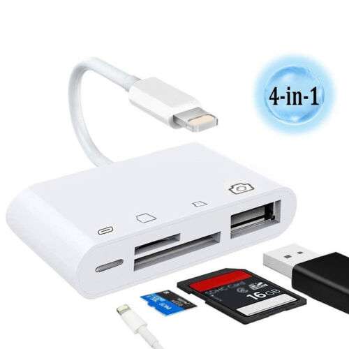 Portable 4-in-1 USB Camera SD/TF Card Reader Adapter for iPhone, iPod, and iPad with iOS 12