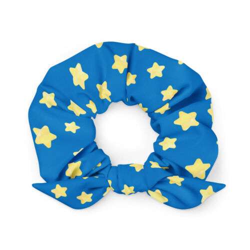 Chic & Sustainable Blue Recycled Hair Scrunchie with Yellow Star Pattern and Bow