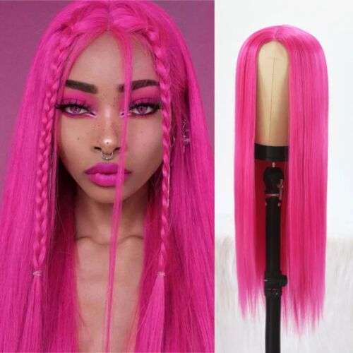 Fiery Hot Pink Long Straight Synthetic Wig for Cosplay & Everyday Style