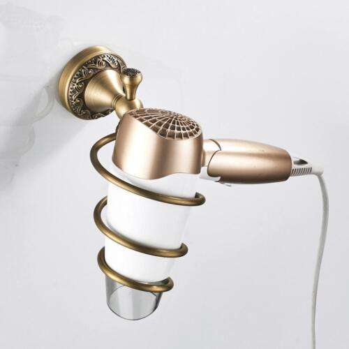 Vintage Brass Hair Dryer Holder: Stylish Wall-Mounted Storage for Bathroom Organization