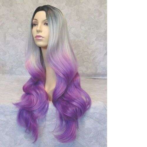 Wavy Dark Root Silver Purple Synthetic Wig for Women, Heat Resistant, No Lace