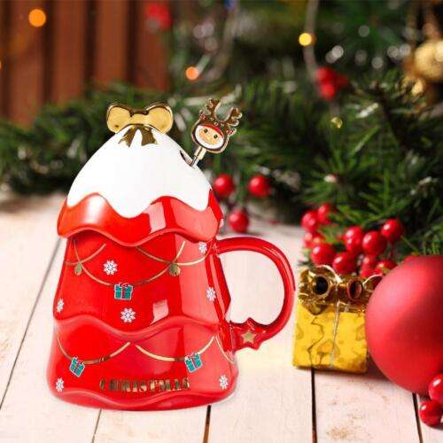 Christmas Cheer in Every Sip: Colaxi Cartoon Christmas Tree Mug with Lid & Spoon for Home & Office