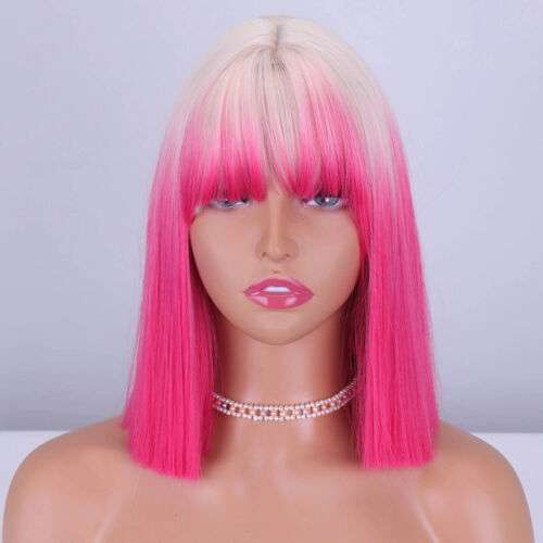Silver Root Pink Straight Synthetic Wig with Bangs for Heat Styling
