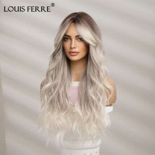 Long Wavy Ombre Gray & Platinum Brown Wig with Bangs for Women