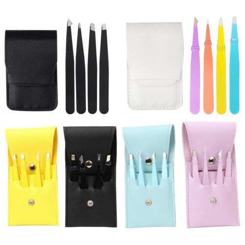 4-in-1 Stainless Steel Eyebrow Tweezer Set for Professional Hair Removal and Makeup Precision.