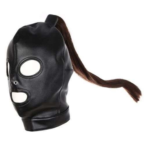 Mask with braid Bondage PU leather Hood with hair Headgear Open eyes nose holes