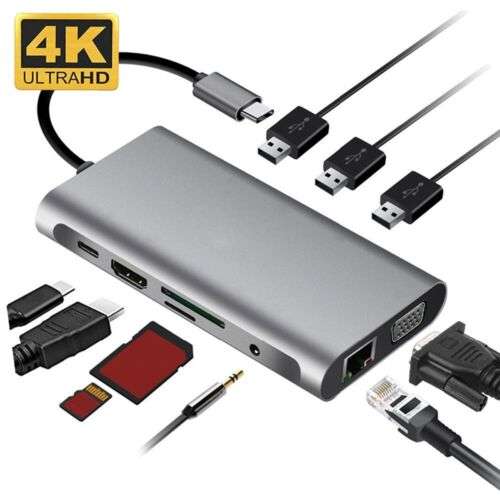 Ultimate 10-in-1 Multiport Adapter: 4K HDMI, VGA, Gigabit Ethernet, USB-C HUB, SD/TF Card Reader, and More