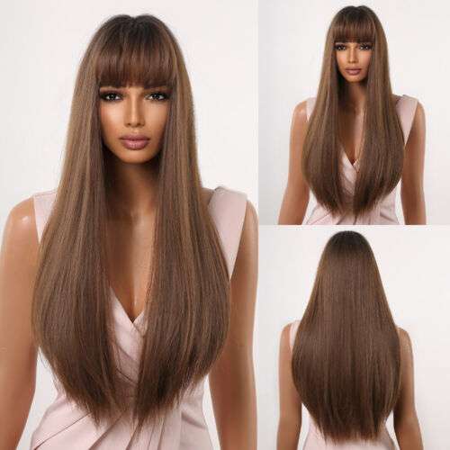 LOUIS Brown Synthetic Wigs with Full Bangs Long Straight Wigs for Black Women