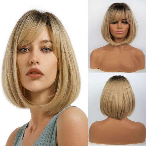 Short Straight Bob Wig Root Ombre Blonde Hair Wigs with Bangs for Women US