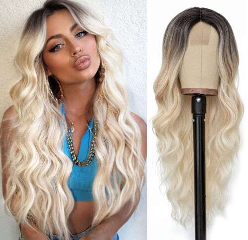 Long Wavy Dark Roots Blonde Lace Front Heat Resistant Fiber Wig for Women: Natural Look & Style
