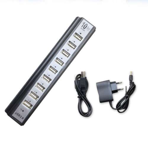 10 Port USB 2.0 High Speed Hub with Power Adapter & Cable for Expanding Device Connections