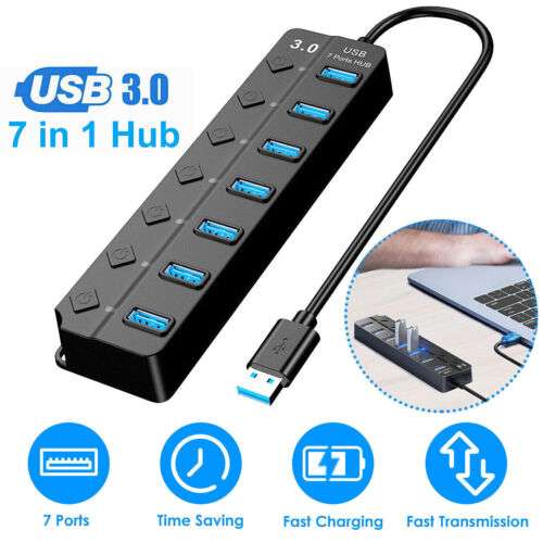 7-Port USB 3.0 Hub Splitter Adapter Cable for High-Speed Data Transfer on PC, Laptop, Mac, and Desktop.