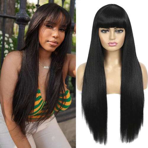 Synthetic Long Wig Hair With Bangs Long Straight Cheap Cosplay Wig Black Women