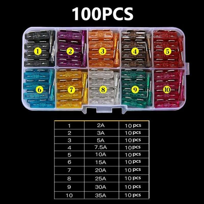 Assortment of 100 Car Fuses for Blade Type with 8 Popular Amperages (2.5/3/5/7.5/10/15/20/25)